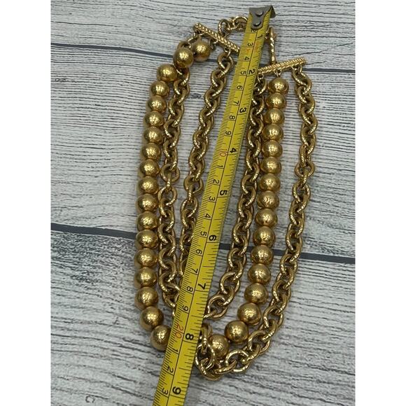 Vtg Monet Gold Tone Three Strand Chain & Bead Layered Statement Necklace 17" - Picture 7 of 7